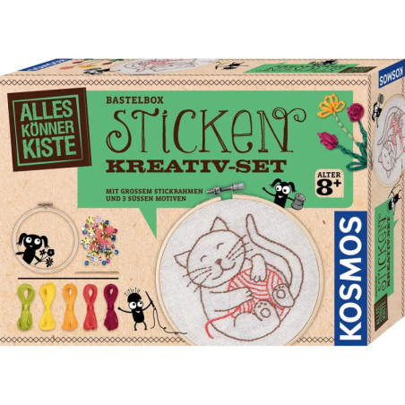 Stickset mit Katzendesign, bunten Garnen und Werkzeug für Kinder ab 8 Jahren.