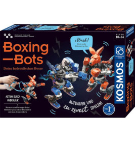 Boxing-Bots Bausatz mit zwei hydraulischen Robotern in Blau und Orange, deutscher Text, verspieltes Design.