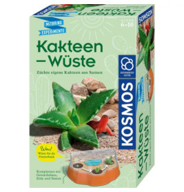 Kaktus-Zuchtset-Box mit Abbildungen von Kakteen, Steinen, roter Echse und dem Markennamen Kosmos.