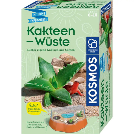 Kaktus-Zuchtset-Box mit Abbildungen von Kakteen, Steinen, roter Echse und dem Markennamen Kosmos.