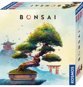 Ein bunter Bonsai mit fallenden Blüten auf der Kosmos-Spielschachtel Bonsai, im Hintergrund japanische Szenerie.