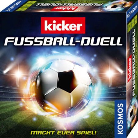 Spieleschachtel mit Fußball, Titel Kicker Fußball-Duell und Kosmos-Logo. Spieleschachtel mit Fußball, Titel Kicker Fußball-Duell und Kosmos-Logo.