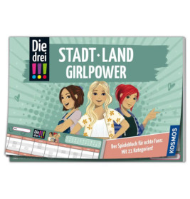 Illustration von drei Mädchen, Titel Stadt Land Girlpower, Werbetext und Kosmos-Logo auf einem Spielepad.
