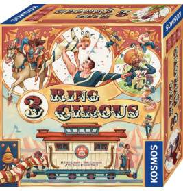 Bunte Brettspielschachtel 3 Ring Circus mit Zirkusartisten und dekorativer Zirkusgrafik.