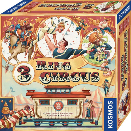Bunte Brettspielschachtel 3 Ring Circus mit Zirkusartisten und dekorativer Zirkusgrafik.