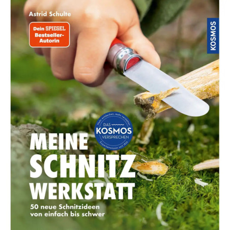 Hand schnitzt mit Messer Holz deutscher Buchtitel Meine Schnitzwerkstatt von Astrid Schulte.