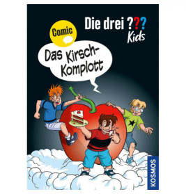 Drei gezeichnete Kinder stehen auf Wolken mit riesiger Kirsche und Kuchen. Text: Die drei ??? Kinder: Das Kirsch-Komplott.