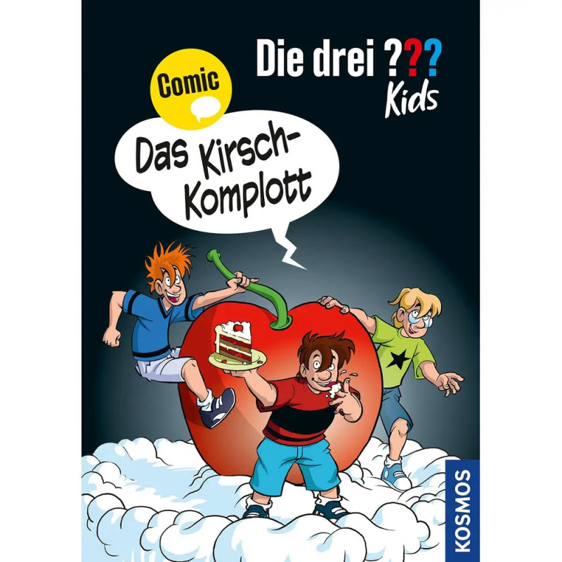 Drei gezeichnete Kinder stehen auf Wolken mit riesiger Kirsche und Kuchen. Text: Die drei ??? Kinder: Das Kirsch-Komplott. Drei gezeichnete Kinder stehen auf Wolken mit riesiger Kirsche und Kuchen. Text: Die drei ??? Kinder: Das Kirsch-Komplott.