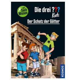 Drei gezeichnete Jungen stehen vor antiken griechischen Ruinen und betrachten neugierig etwas mit einer Lupe.