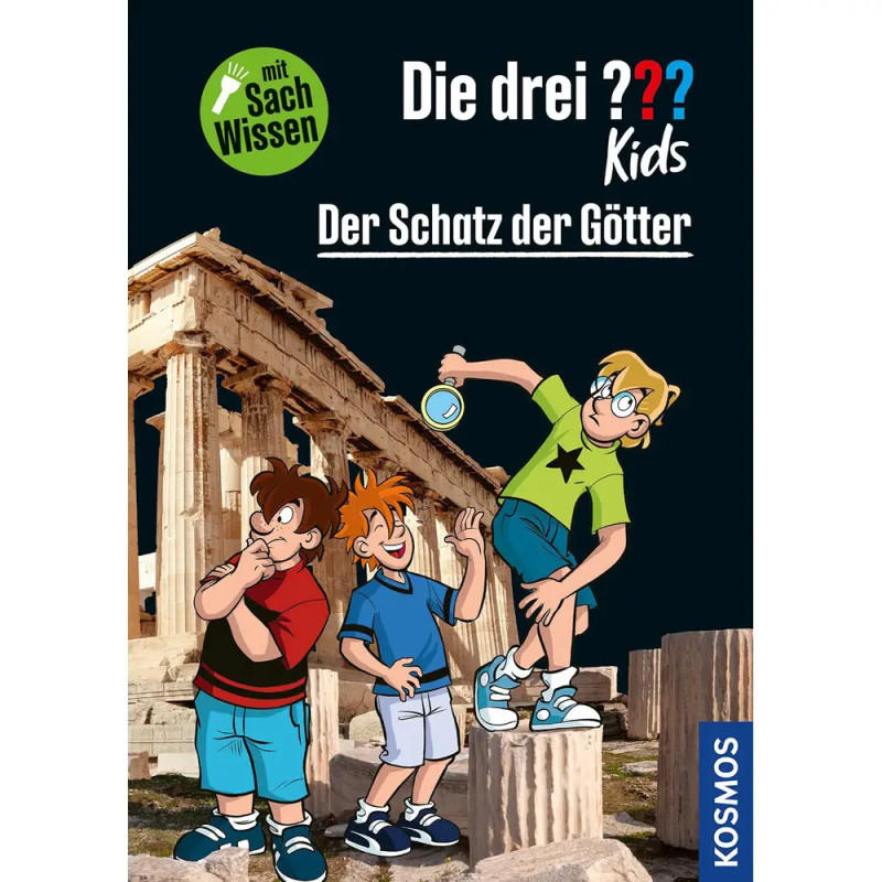 Drei gezeichnete Jungen stehen vor antiken griechischen Ruinen und betrachten neugierig etwas mit einer Lupe.