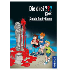 Drei erschrockene Kinder blicken auf eine blutende Statue auf dem Cover von Die drei ? Kinder: Spuk in Rocky Beach.