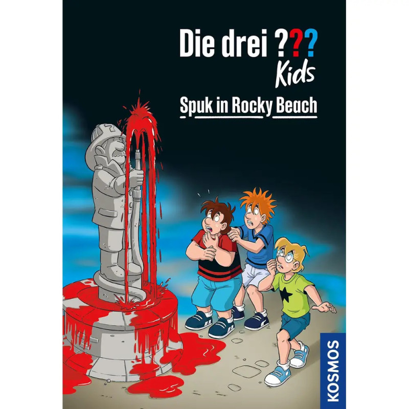 Drei erschrockene Kinder blicken auf eine blutende Statue auf dem Cover von Die drei ? Kinder: Spuk in Rocky Beach. Drei erschrockene Kinder blicken auf eine blutende Statue auf dem Cover von Die drei ? Kinder: Spuk in Rocky Beach.