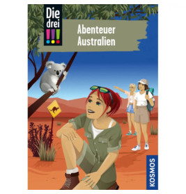Drei Mädchen im australischen Outback entdecken einen Koala im Baum, nahe einem Känguru-Warnschild.