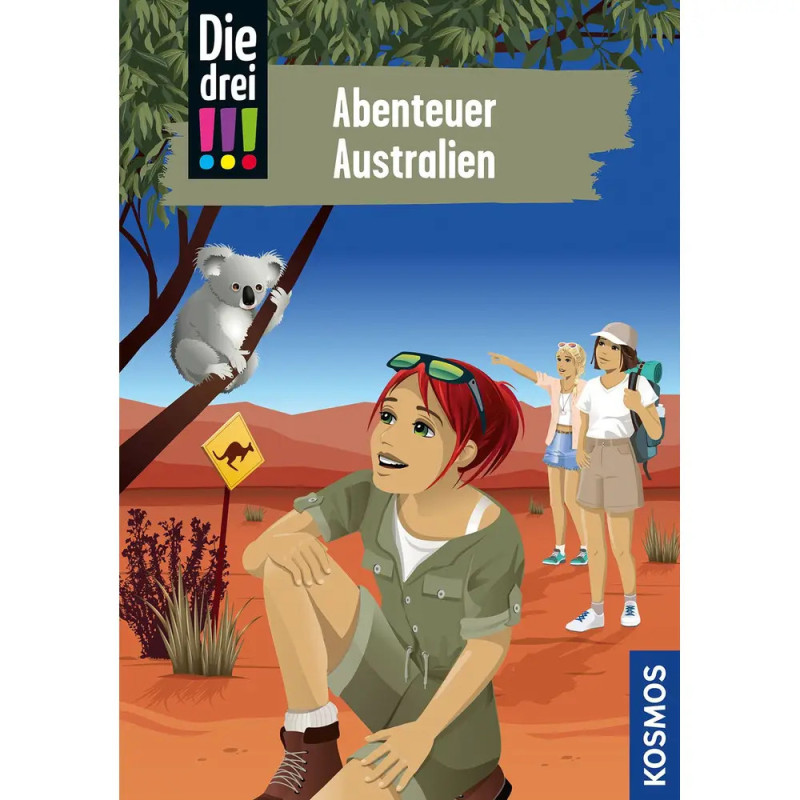 Drei Mädchen im australischen Outback entdecken einen Koala im Baum, nahe einem Känguru-Warnschild. Drei Mädchen im australischen Outback entdecken einen Koala im Baum, nahe einem Känguru-Warnschild.
