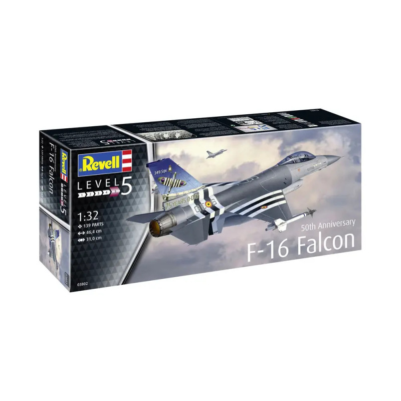 Revell Level 5 1:32 F-16 Falcon Modellbausatz mit Jet-Abbildung und 50th Anniversary-Aufdruck auf der Box.