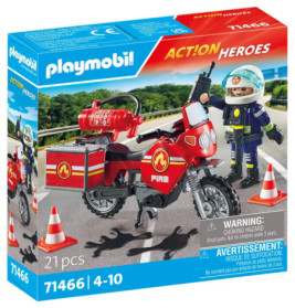 Playmobil Action Heroes Feuerwehreinsatz-Set mit Motorrad, Feuerwehrmann, Zubehör und Leitkegeln, ab 4 Jahren.