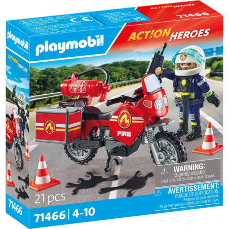 Playmobil Action Heroes Feuerwehreinsatz-Set mit Motorrad, Feuerwehrmann, Zubehör und Leitkegeln, ab 4 Jahren.