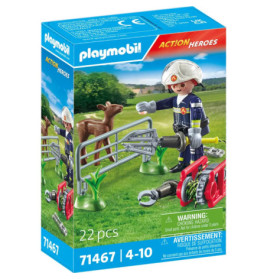 Playmobil Action Heroes Set: Feuerwehrmann, Hirsch und Rettungszubehör in einer grasbewachsenen Outdoor-Szene.