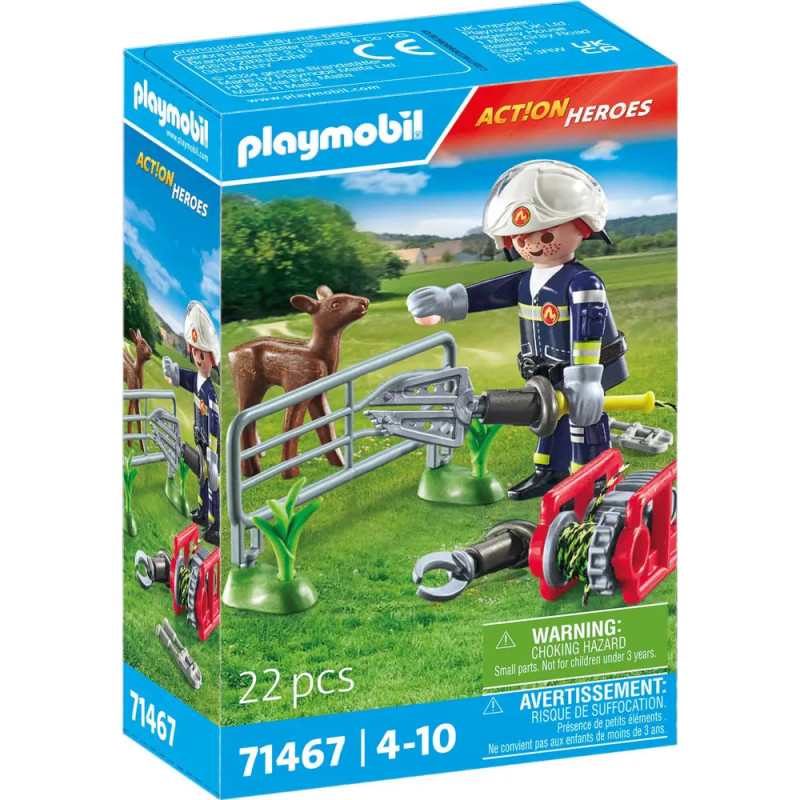 Playmobil Action Heroes Set: Feuerwehrmann, Hirsch und Rettungszubehör in einer grasbewachsenen Outdoor-Szene.