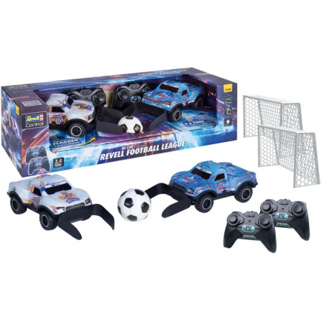 Zwei ferngesteuerte Autos mit Fußballzubehör, zwei Tore, ein Ball, zwei Controller und die Verpackung. Zwei ferngesteuerte Autos mit Fußballzubehör, zwei Tore, ein Ball, zwei Controller und die Verpackung.