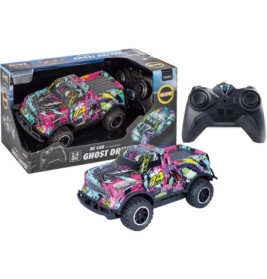 Buntes RC-Auto mit der Nummer 74, dazu sind seine Verpackung und eine schwarze Fernbedienung abgebildet.