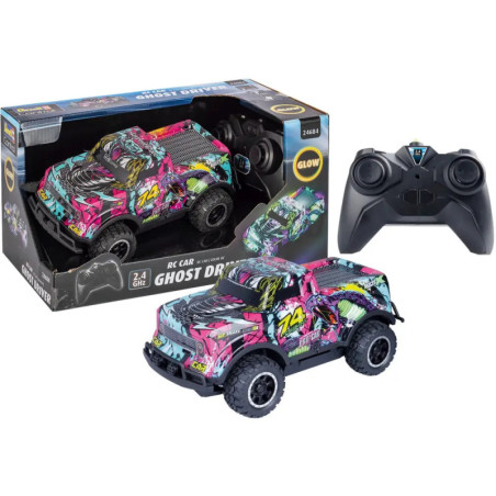 Buntes RC-Auto mit der Nummer 74, dazu sind seine Verpackung und eine schwarze Fernbedienung abgebildet.