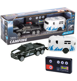 Ferngesteuertes schwarzes Truck- und weißes Camper-Spielzeugset in Box, mit Fernbedienung und Truck-Camper außen.