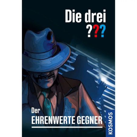 Stilisiertes Cover von Die drei ??? Der Ehrenwerte Gegner mit Mann im Hut und blauen Schattenfiguren. Stilisiertes Cover von Die drei ??? Der Ehrenwerte Gegner mit Mann im Hut und blauen Schattenfiguren.