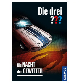 Ein Oldtimer mit Blitz auf der Motorhaube wirft Schatten. Text: Die drei ??? Die Nacht der Gewitter.