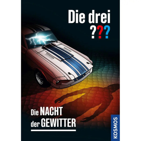 Ein Oldtimer mit Blitz auf der Motorhaube wirft Schatten. Text: Die drei ??? Die Nacht der Gewitter. Ein Oldtimer mit Blitz auf der Motorhaube wirft Schatten. Text: Die drei ??? Die Nacht der Gewitter.