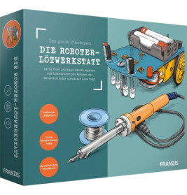 Box der Roboter-Lötwerkstatt mit Lötkolben, Lötzinn und kleinem Roboter auf der Vorderseite.