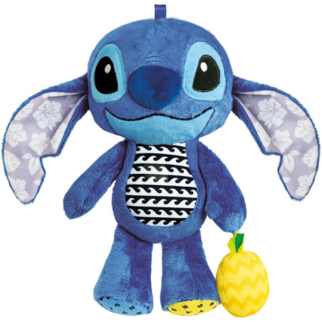 Blaues Stitch-Plüschtier hält gelbe Ananas, Bauch und Ohren mit Wellen- und Blumenmuster.