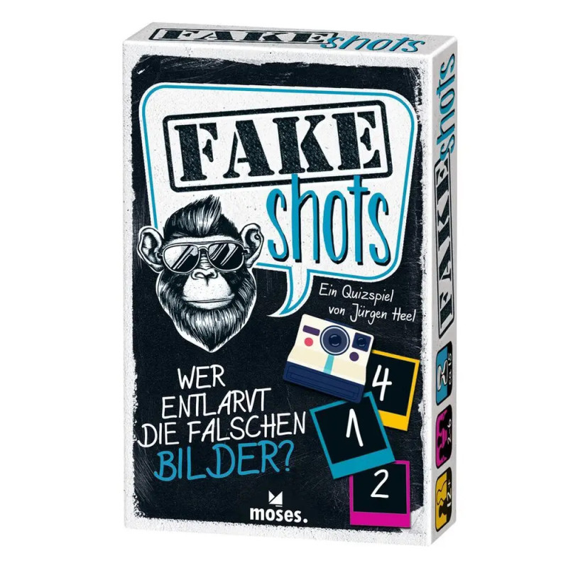 Spielschachtel mit Affe, Kamera und dem deutschen Titel Fake Shots: Wer entlarvt die falschen Bilder?.