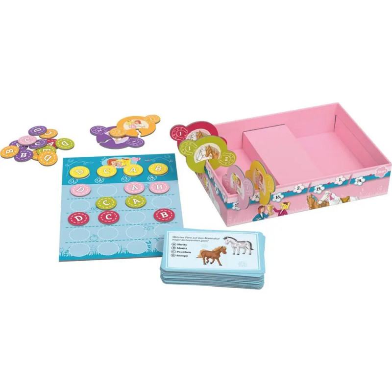 Pferde-Brettspiel für Kinder mit Karten, Spielmarken, blauem Spielbrett und pink dekorierter Box.
