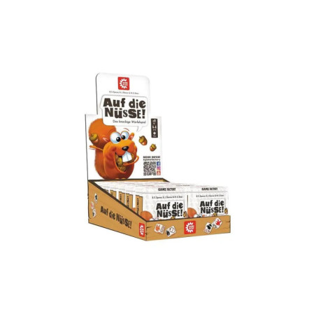 Schachtel von Auf die Nüsse! Kartenspielen mit einem Cartoon-Eichhörnchen und Nüssen auf der Verpackung.