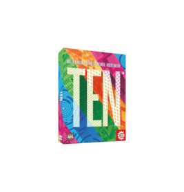 Bunte TEN-Spieleschachtel mit großen Buchstaben und den Namen der Designer oben.