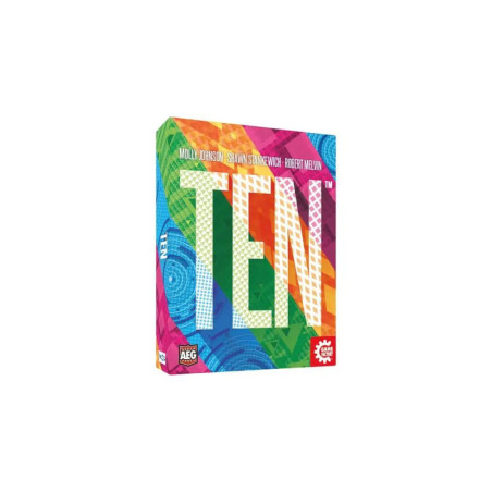 Bunte TEN-Spieleschachtel mit großen Buchstaben und den Namen der Designer oben.