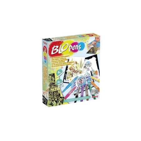 BLOpens-Malkasten mit bunten Stiften und Schablonendesigns auf der Verpackung.