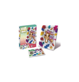 Einhorn-Pailletten-Bastelset mit Box, Pailletten-Schale und fertigem Einhorn-Motiv auf weißem Hintergrund.