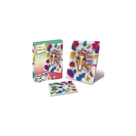 Einhorn-Pailletten-Bastelset mit Box, Pailletten-Schale und fertigem Einhorn-Motiv auf weißem Hintergrund.