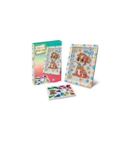 Buntes Pailletten-Set mit Hundemotiv, Pailletten-Schale und Verpackung.