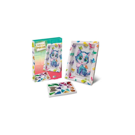 Glitzerbild-Set mit Katzenmotiv, bunten Pailletten, Schale und Verpackung vor weißem Hintergrund.