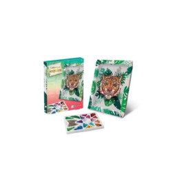 Diamond Painting Set mit Tiger-Motiv, Edelsteinschale und bunter Box mit Abbildung des fertigen Bildes.