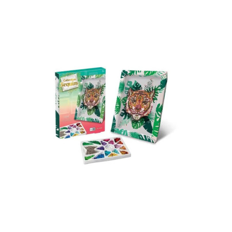 Diamond Painting Set mit Tiger-Motiv, Edelsteinschale und bunter Box mit Abbildung des fertigen Bildes.