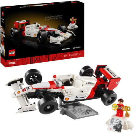 LEGO-Set des McLaren MP4/4 mit Ayrton Senna Minifigur, Pokal und Displaybox im Hintergrund.