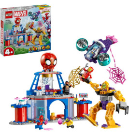 LEGO Marvel Spidey Set mit Spider-Man, Iron Man, Thanos und Zubehör Verpackung in der Ecke sichtbar.
