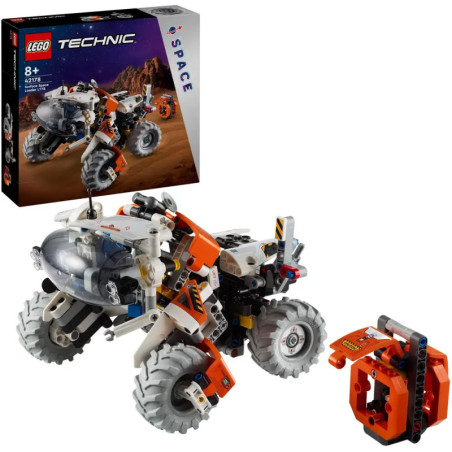 LEGO Technic Mars Rover mit großen Rädern, Cockpit und Verpackung im Hintergrund. LEGO Technic Mars Rover mit großen Rädern, Cockpit und Verpackung im Hintergrund.