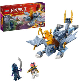 LEGO Ninjago Set: Goldener Ninja auf blauem Drachen, zwei Schurken-Minifiguren, Verpackung im Hintergrund.