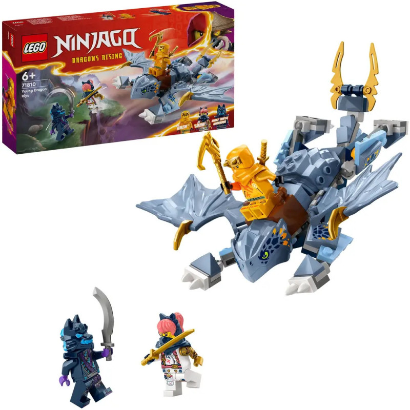 LEGO Ninjago Set: Goldener Ninja auf blauem Drachen, zwei Schurken-Minifiguren, Verpackung im Hintergrund. LEGO Ninjago Set: Goldener Ninja auf blauem Drachen, zwei Schurken-Minifiguren, Verpackung im Hintergrund.