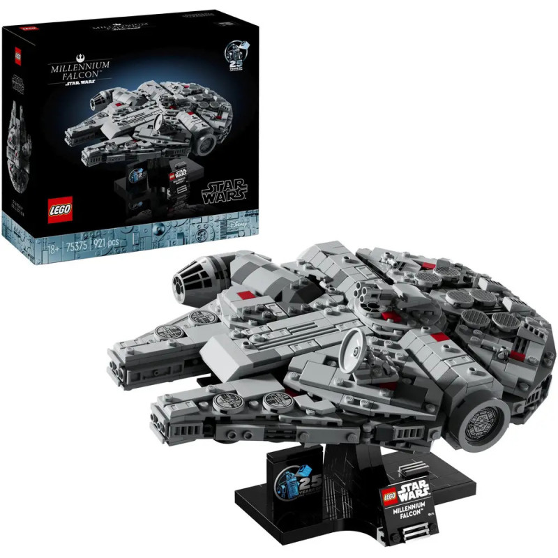 LEGO Millennium Falcon mit Präsentationsständer, Verpackung und sichtbarem Star Wars-Logo im Hintergrund.